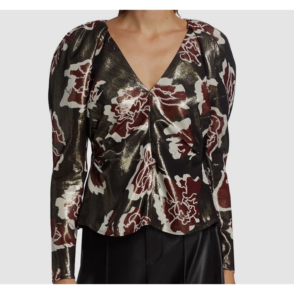 Tanya‎ Taylor Cameron Top Metallic Floral Jacquard Puff Sleeve V-Neck Blouse 4